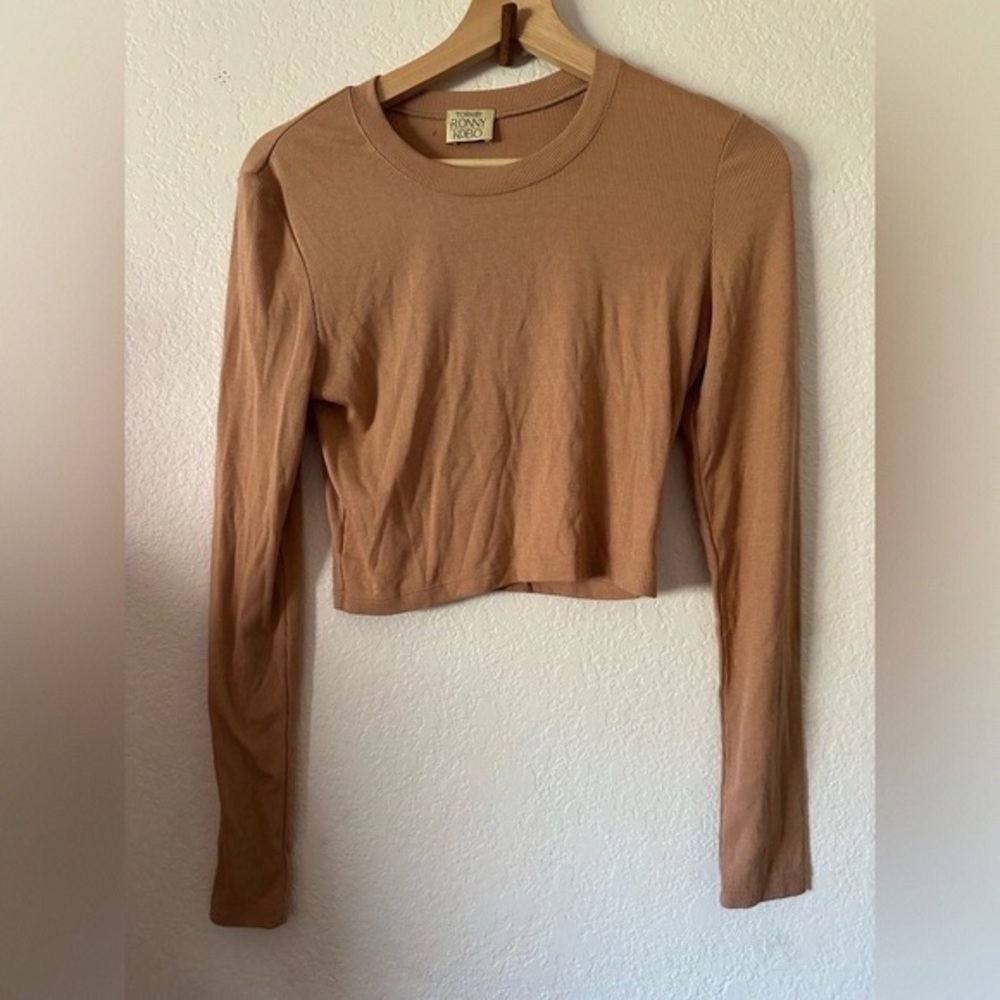 Torn by Ronny Kobo Ribbed Long-Sleeve Cropped Top in Camel